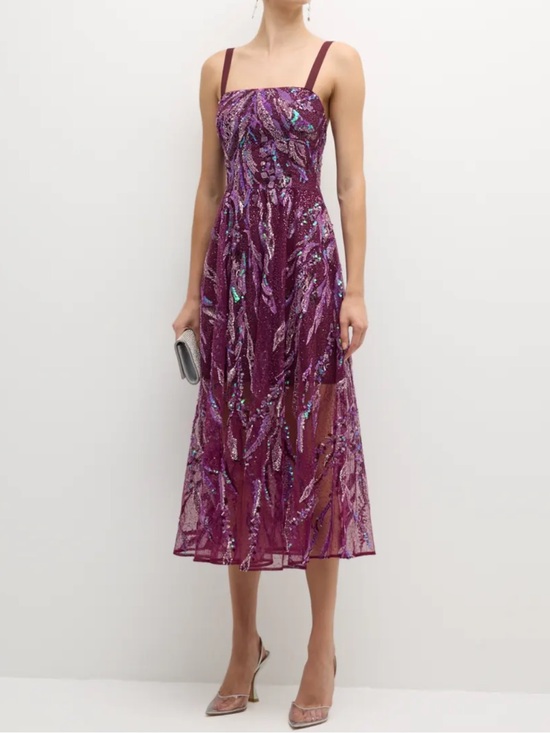 Dress the Population Dresses & Skirts - Dress the Population Cassandra Midi Dress XL Beaded Violet Multi Square Neck